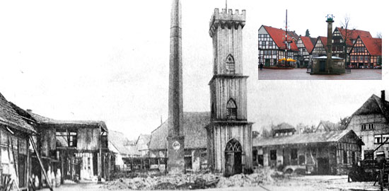 Der Salzhof war das Zentrum der Altstadt. In der Mitte der Bohrturm der Paulinenquelle. Abgerissen 1925 - 1930. Im Hintergrund rechts das Haus Lange Straße 15.