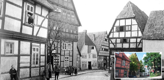 In der Oberen Mühlenstraße sind die alten Fachwerkhäuser - außer dem „Haus Backs“ (links) – mittlerweile abgebrochen und durch moderne Bauten ersetzt worden. Bild unten um 1900.