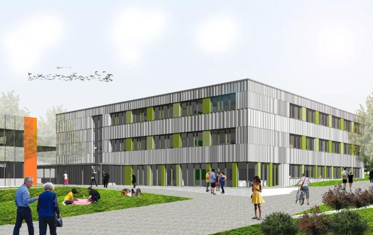 Entwurf, der den fertigen Neubau des Schulzentrums Lohfeld zeigt