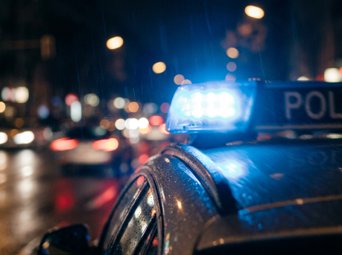 Leuchtendes Blaulicht auf einem Polizeifahrzeug, das im Dunkeln an einer befahrenen Straße steht